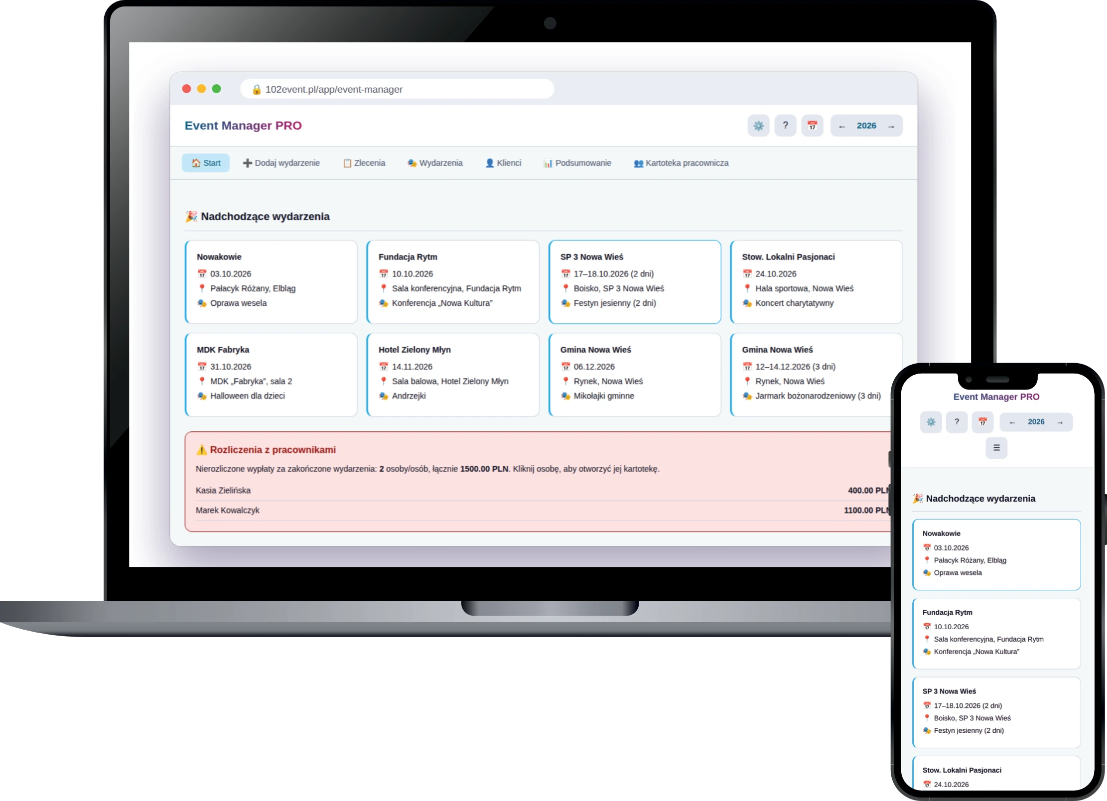 Event Manager na laptopie i telefonie: nadchodzące wydarzenia i alert o nierozliczonej ekipie